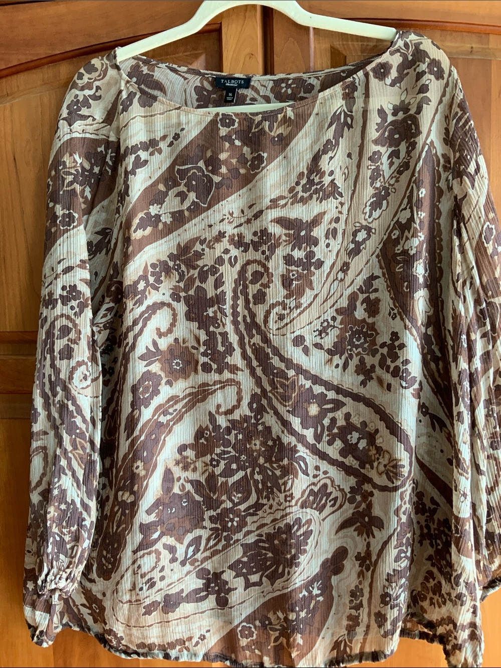 Talbots 100% Silk Brown shades, Flowers Paisley Long-Sleeve Peasant Top, sz 16